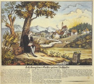 Opphøyelse av hans ånd til skaperen, andaktsbilde med bønnetekst, farget litografi, før 1846